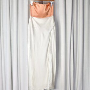 AMAZING LACE Peach and White Satin Strapless High Slit Midi Dress